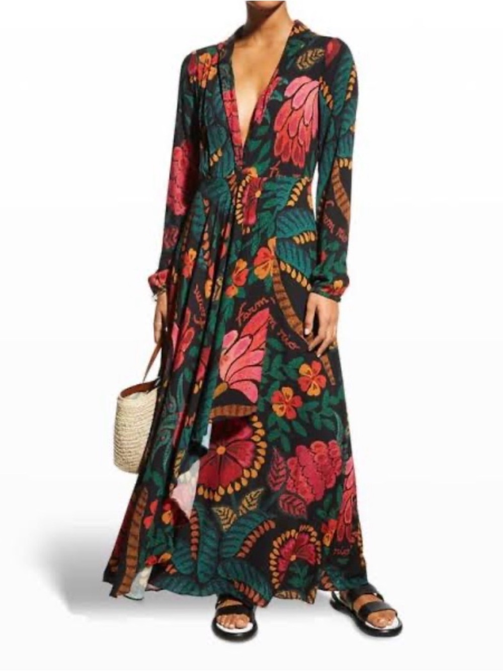 Farm Rio floradoscopic long sleeve plunging maxi dress in small